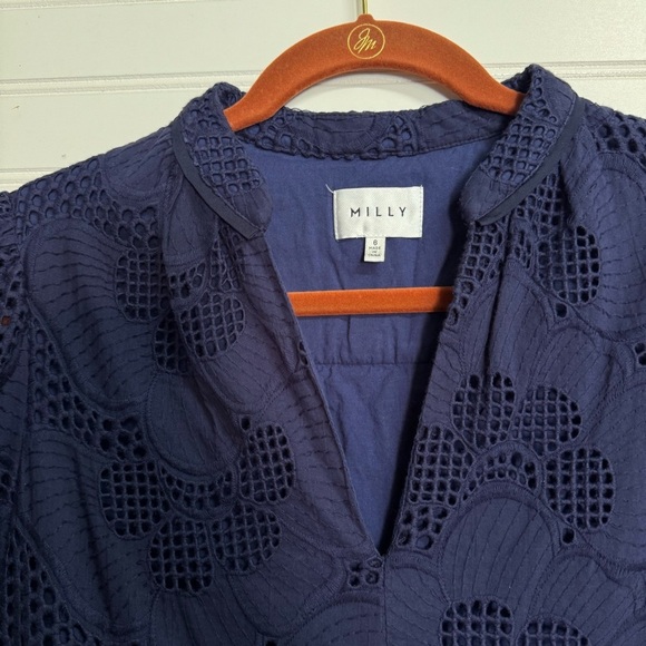 MILLY Margaret Pieres Long-Sleeve Eyelet Flounce Dress Sz 6 - Picture 4 of 12